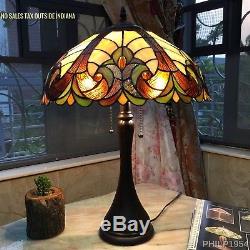 Tiffany Style Victorian 2 light Antique Bronze Table Lamp Brown Stained Glass