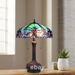 Tiffany Style Victorian 2-light Table Lamp Tones of Brown Blue Stained Glass 26