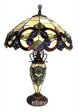 Tiffany Style Victorian Double Lit Antique Bronze Table Lamp Beige Stained Glass