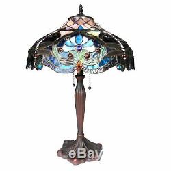 Tiffany Style Victorian Dragonfly 2 light Table Lamp Blue Amber Stained Glass