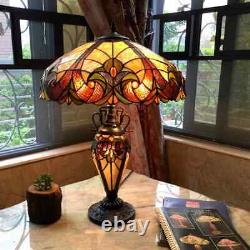 Tiffany Style Victorian Stained Glass Bronze Double Light Table Lamp NEW