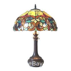 Tiffany Style Victorian Stained Glass Table Lamp 2 Bulb Antique Dark Bronze Base