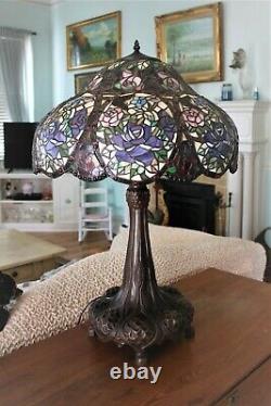 Tiffany Style Victorian Stained Glass Table Lamp 3 Bulb Antique Dark Bronze Base