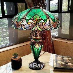 Tiffany Style Victorian Table Lamp 3 Light Green Stained Glass Shade