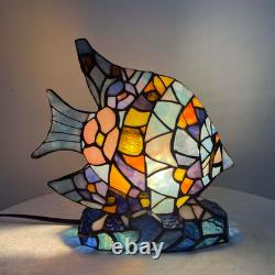 Tiffany Style Vintage Blue Angelfish Stained Glass Accent Table Lamp Fish Decor