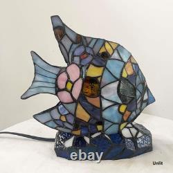 Tiffany Style Vintage Blue Angelfish Stained Glass Accent Table Lamp Fish Decor