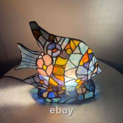 Tiffany Style Vintage Blue Angelfish Stained Glass Accent Table Lamp Fish Decor