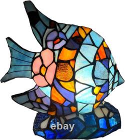 Tiffany Style Vintage Blue Angelfish Stained Glass Accent Table Lamp Fish Decor