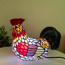 Tiffany Style Vintage Colorful Rooster Stained Glass Accent Table Lamp Light