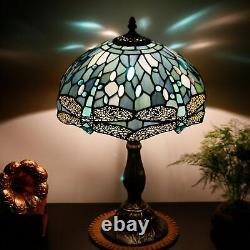 Tiffany Style Vintage Dragonfly Table Lamp Aqua Blue Stained Glass Accent Decor