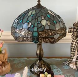 Tiffany Style Vintage Dragonfly Table Lamp Aqua Blue Stained Glass Accent Decor