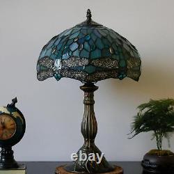 Tiffany Style Vintage Dragonfly Table Lamp Aqua Blue Stained Glass Accent Decor