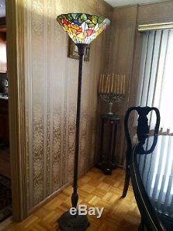Tiffany Style Vintage Floor Lamp Torchiere Multicolor Stained Glass 66H
