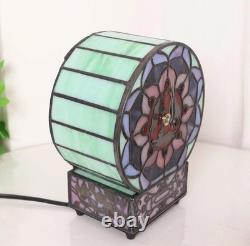 Tiffany Style Vintage Lotus Flower Stained Glass Desk Clock Table Lamp Decor