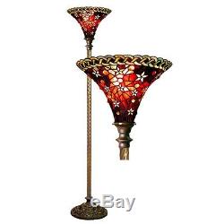 Tiffany Style Vintage Reading Floor Lamp Torchiere Star Red Stained Glass 72 H