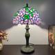 Tiffany-style Vintage Stained Glass Table Lamp With Green Leaves & Purple Flower