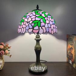 Tiffany-Style Vintage Stained Glass Table Lamp with Green Leaves & Purple Flower