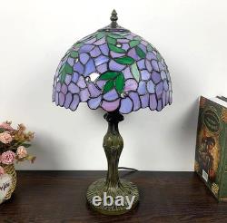 Tiffany-Style Vintage Stained Glass Table Lamp with Green Leaves & Purple Flower