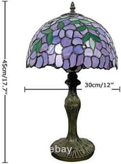 Tiffany-Style Vintage Stained Glass Table Lamp with Green Leaves & Purple Flower