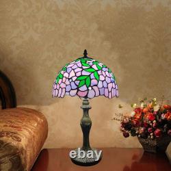 Tiffany-Style Vintage Stained Glass Table Lamp with Green Leaves & Purple Flower