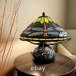 Tiffany Style Vivid Green Dragonfly Stained Glass Table Lamp Elegant Mosaic Base