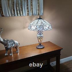 Tiffany Style White Stained Glass Victorian Floral Double Lit Table Lamp