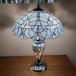 Tiffany Style White Stained Glass Victorian Floral Double Lit Table Lamp