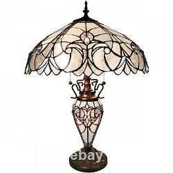 Tiffany Style White Stained Glass Victorian Floral Double Lit Table Lamp