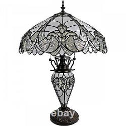 Tiffany Style White Stained Glass Victorian Floral Double Lit Table Lamp