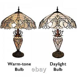 Tiffany Style White Stained Glass Victorian Floral Double Lit Table Lamp