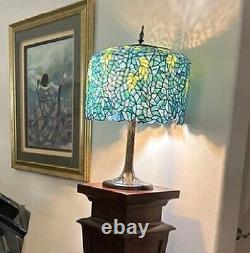 Tiffany Style Wisteria Table Lamp Blue Green Stained Glass Elegant Accent Light