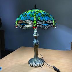 Tiffany Table Lamp 16 Inch Green Dragonfly Style Stained Glass Shade Home Decor
