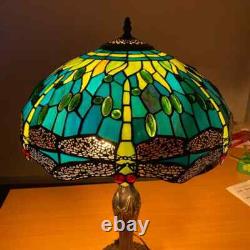 Tiffany Table Lamp 16 Inch Green Dragonfly Style Stained Glass Shade Home Decor