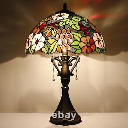 Tiffany Table Lamp 24 Inch High Antique Stained Glass Green Purple Grape Desk