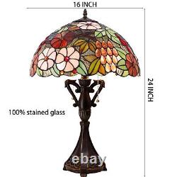 Tiffany Table Lamp 24 Inch High Antique Stained Glass Green Purple Grape Desk