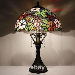 Tiffany Table Lamp 24 Inch High Antique Stained Glass Green Purple Grape Desk