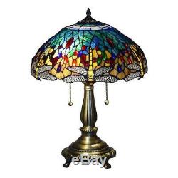 Tiffany Table Lamp Blue Dragonfly 25 in. Bronze Handcrafted Stained Glass Shades