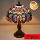 Tiffany Table Lamp Blue Purple Stained Glass Style Reading Vintage Desk Light2pc