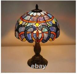 Tiffany Table Lamp Blue Purple Stained Glass Style Reading Vintage Desk Light2PC