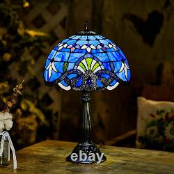 Tiffany Table Lamp Blue Stained Glass Style Vintage Luxurious Nightstand Reading