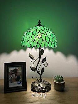 Tiffany Table Lamp Green Leaves Stained Glass Iron Metal Leaves Bronze Base Incl