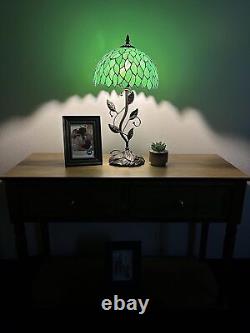 Tiffany Table Lamp Green Leaves Stained Glass Iron Metal Leaves Bronze Base Incl