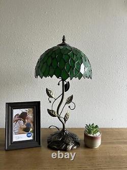 Tiffany Table Lamp Green Leaves Stained Glass Iron Metal Leaves Bronze Base Incl