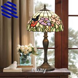 Tiffany Table Lamp Handmade Stained Glass Flowers Butterfly Design Lampshade