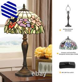 Tiffany Table Lamp Handmade Stained Glass Flowers Butterfly Design Lampshade