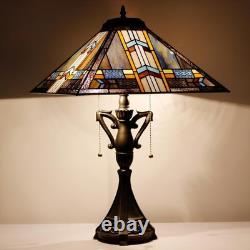 Tiffany Table Lamp Mission Style Stained Glass Blue Cloudy 16x16x24 Inch Square