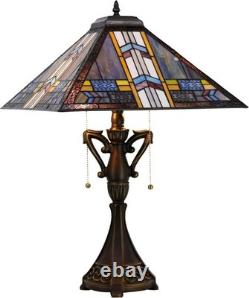 Tiffany Table Lamp Mission Style Stained Glass Blue Cloudy 16x16x24 Inch Square
