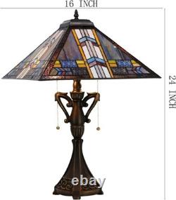 Tiffany Table Lamp Mission Style Stained Glass Blue Cloudy 16x16x24 Inch Square