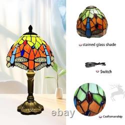 Tiffany Table Lamp Orange Red Dragonfly Style Stained Glass Lamp for Bedroom