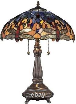 Tiffany Table Lamp Red Dragonfly 25 in. Handcrafted Stained Glass Bronze Base